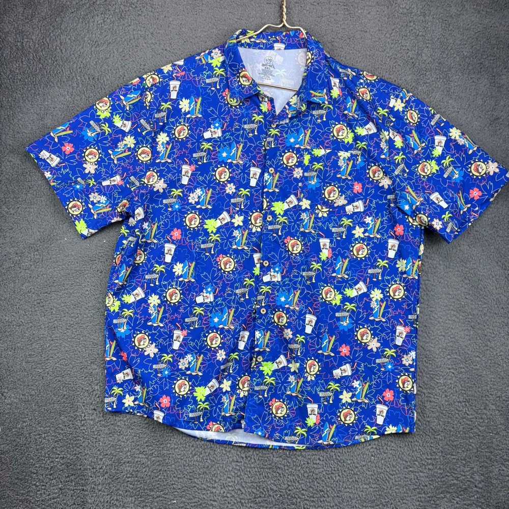 Buc-ees Mens 4XL Blue Tropical Beaver Print Short Sleeve Button Down Shirt
